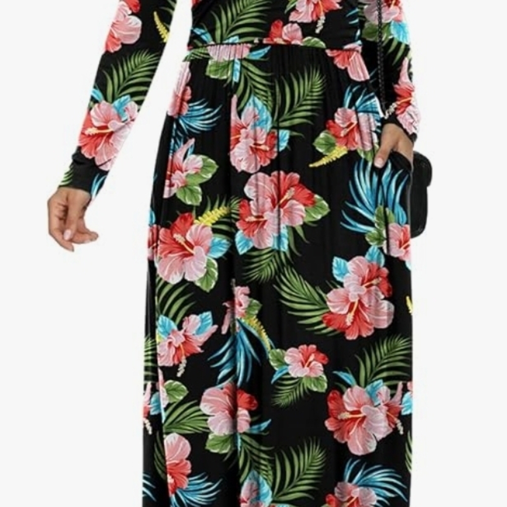 Floral Maxi Dress - Black with Red and Blue Accents